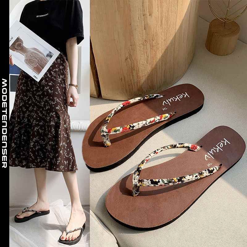 enkle flip-flops kvinder sommer flad skridsikker flip floral beige