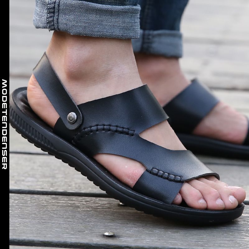 Anslået Hej Fahrenheit sandaler til mænd læder blød sål skridsikker strandsko sort