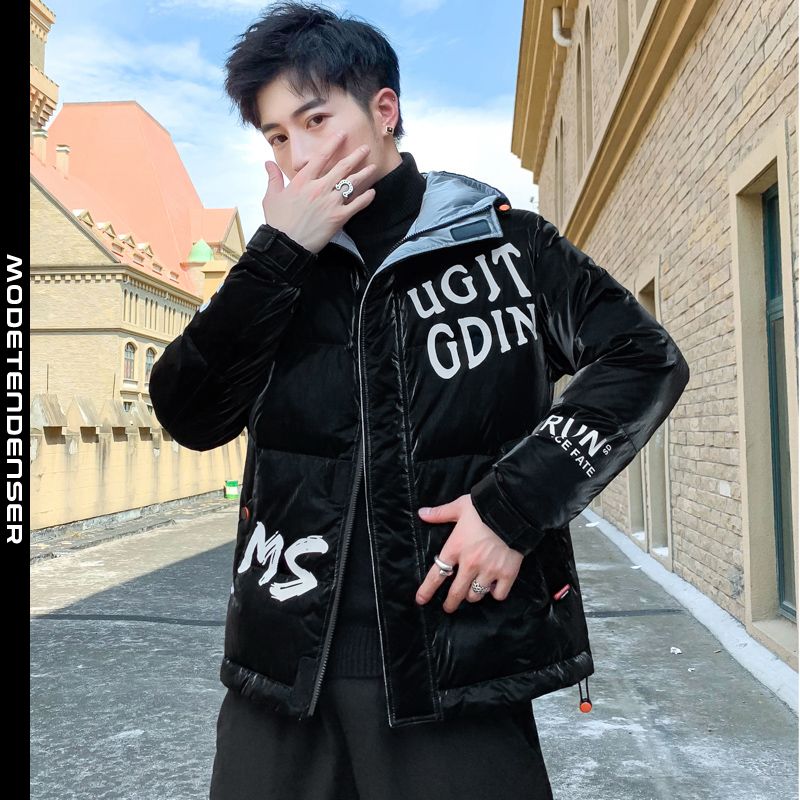 skinnende polstret jakke mode hip-hop hætte sort